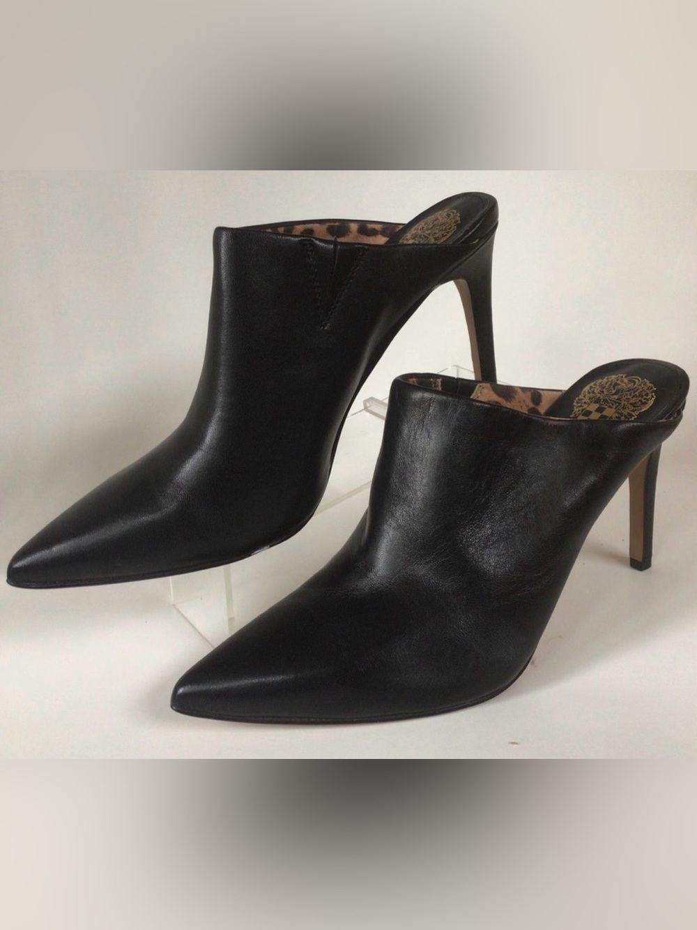 Vince Camuto Black Pointed Leather Mule Heels with Leopard Lining - Picture 14 of 16